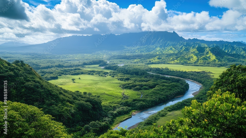 A scenic overlook of a lush valley filled with vibrant greenery and a river winding through the center, framed by distant mountains. A scenic overlook of a lush valley filled with vibrant greenery and a river winding through the center, framed by distant mountains.