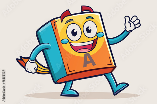 A vibrant cartoon book character waves joyfully while walking along a playful path, a cartoon character of a A book