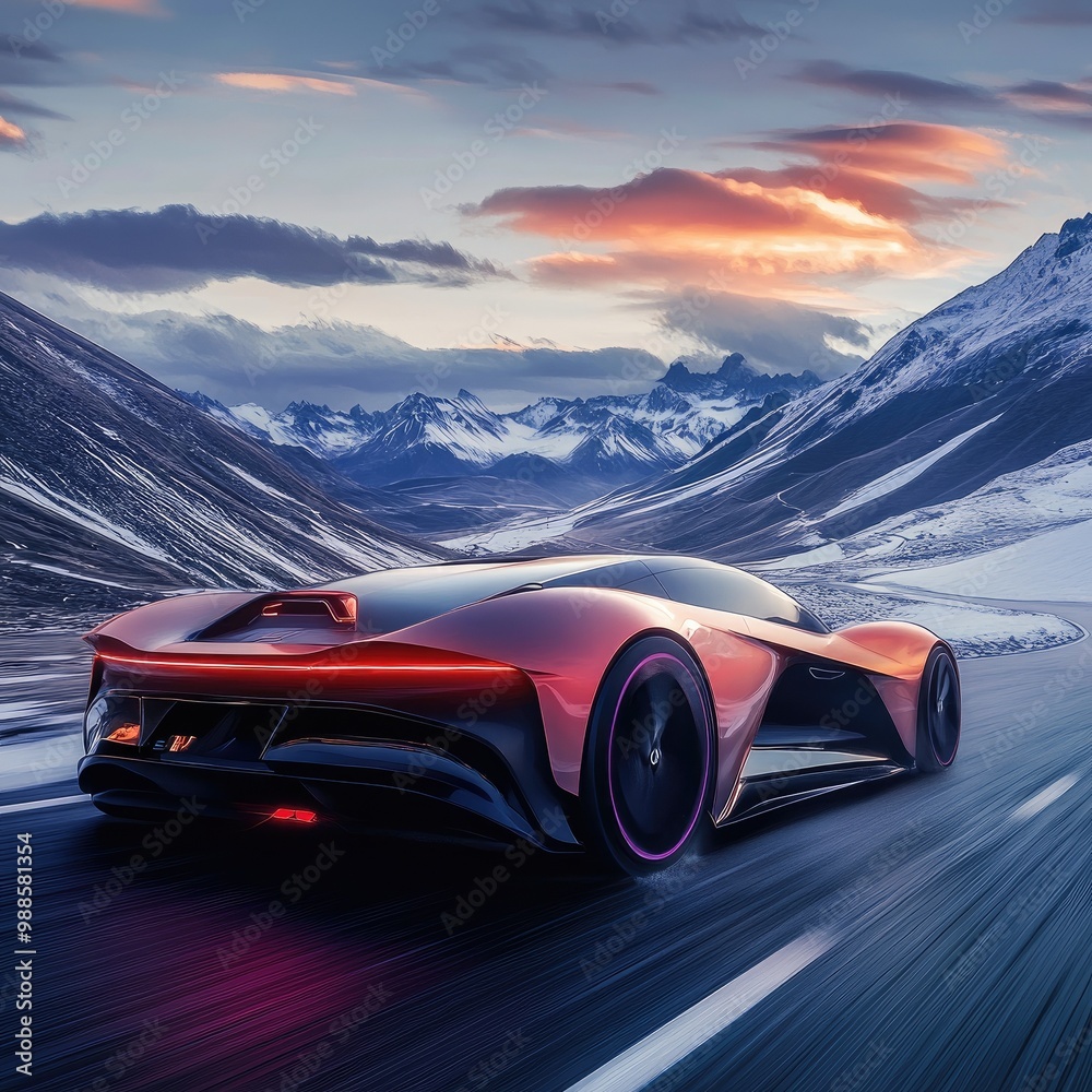 Naklejka premium A sleek sports car driving through a breathtaking mountain landscape at sunset, showcasing speed and luxury.
