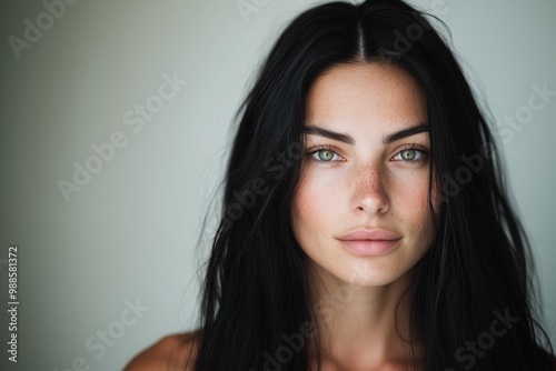 Close-up portrait of a beautiful woman in a studio with background.