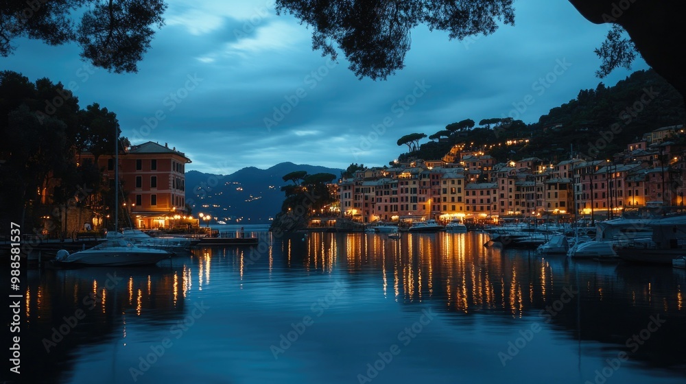 Obraz premium Portofino at twilight, with the lights of the town reflecting on the still waters of the harbor as night falls.