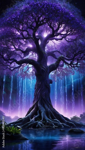 Obraz na płótnie avatar life forest water tree purple s beautiful pandora glowing a illustration tree life water purple glowing forest box fantasy luminescent bioluminescence tranquil relaxation oxygen beautiful w salonie