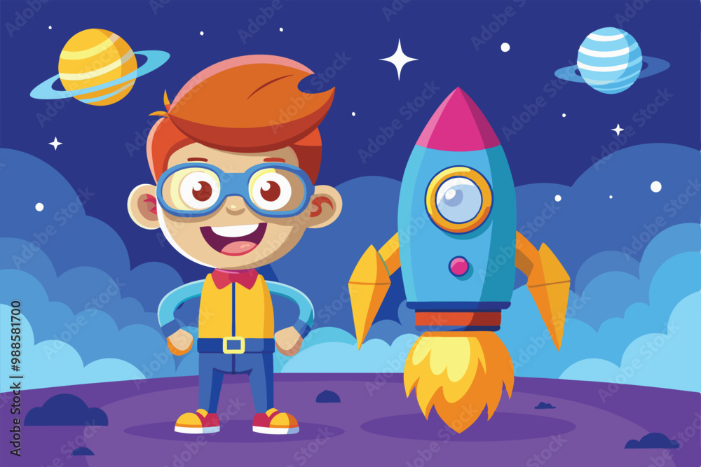 Fototapeta premium A cheerful cartoon character poses confidently next to a bright rocket in a vibrant outer space setting, a cartoon character of a Robot cartoon character