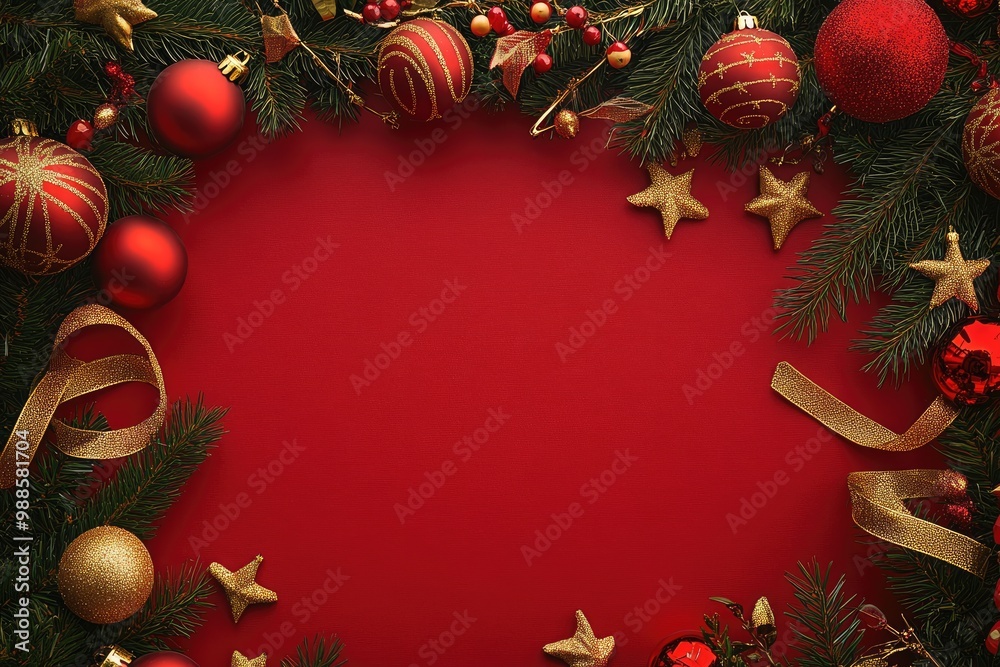 Red and Gold Christmas Ornament Frame with Pine Branches Red and Gold Christmas Ornament Frame with Pine Branches