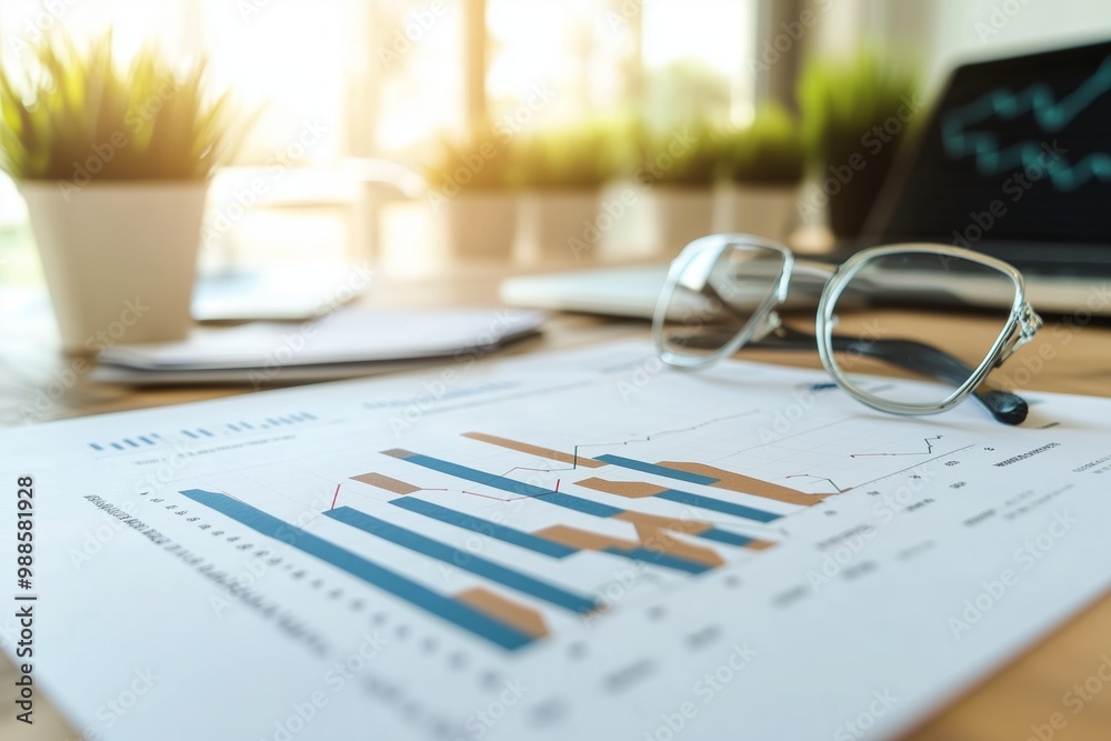 Business analytics report featuring bar graphs and line charts on a desk with glasses and laptop in a well-lit office environment