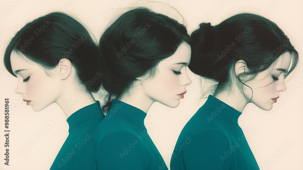 Stylized portrait of a woman repeated three times, symbolizing introspection, identity, and emotional complexity Stylized portrait of a woman repeated three times, symbolizing introspection, identity, and emotional complexity