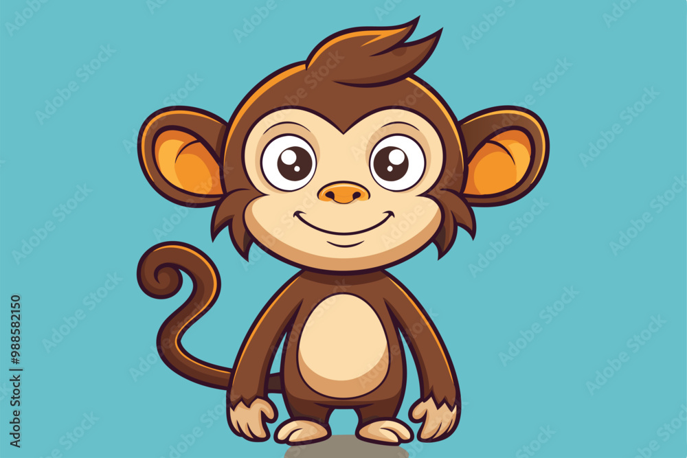 Obraz premium A cheerful cartoon monkey with big eyes and a friendly smile poses happily against a blue backdrop, a cartoon character of a A charming monkey cartoon