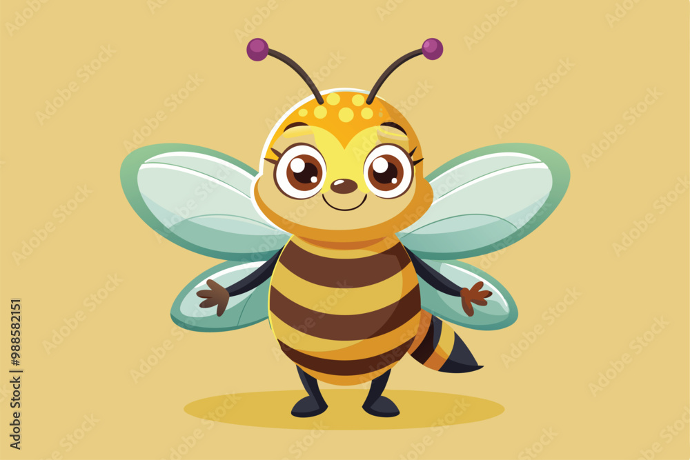 A cheerful cartoon bee character stands happily with outstretched arms on a bright yellow background, a cartoon character of a A charming bee A cheerful cartoon bee character stands happily with outstretched arms on a bright yellow background, a cartoon character of a A charming bee