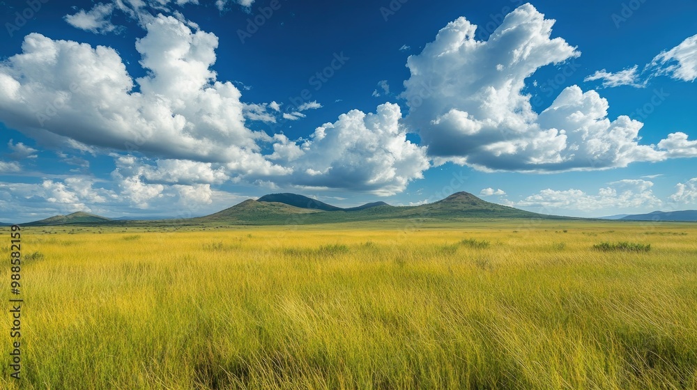 Savannah grasslands stretching toward a distant mountain range under a vivid blue sky with soft clouds, portraying the beauty of nature. Savannah grasslands stretching toward a distant mountain range under a vivid blue sky with soft clouds, portraying the beauty of nature.