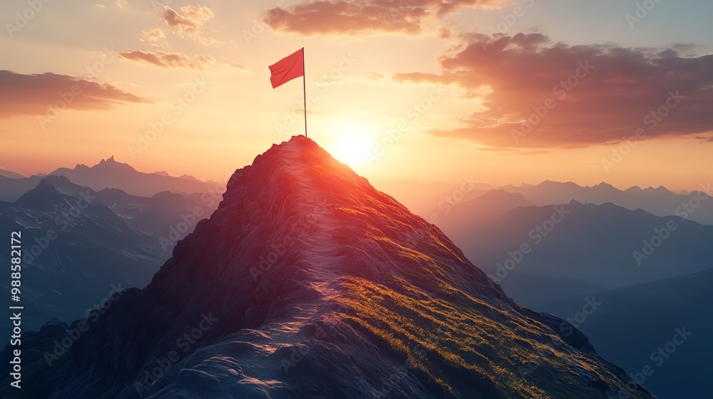 A winding path leads up a mountain to a red flag at the peak, surrounded by clouds. A winding path leads up a mountain to a red flag at the peak, surrounded by clouds.