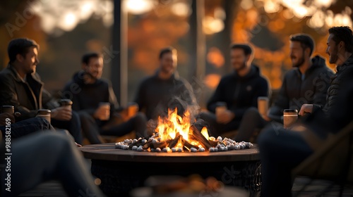 A group of friends gather around a fire pit, savoring coffee. Their relaxed smiles and warm atmosphere create a cozy, inviting feeling in the autumn background. Thanksgiving and Coffee Lover