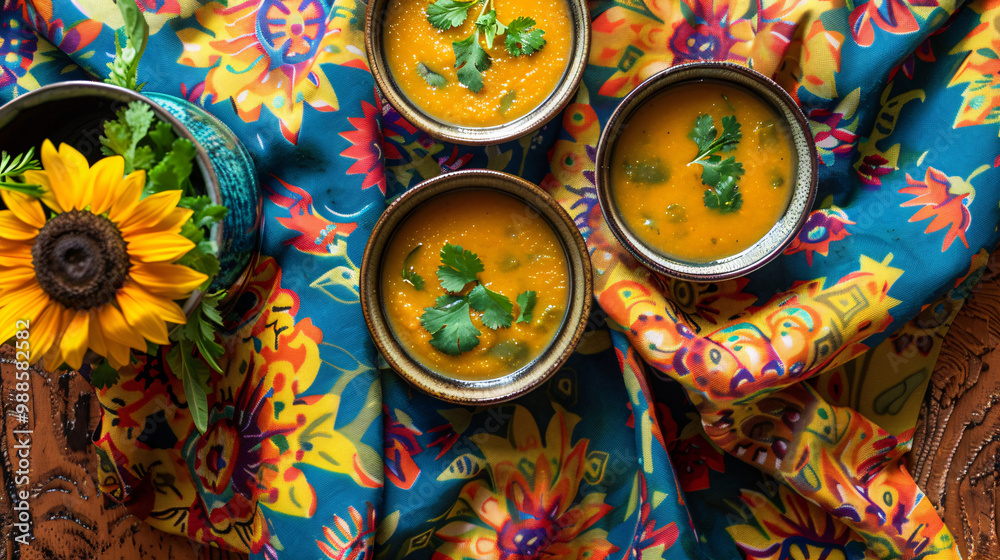 Fototapeta premium Vibrant bowls of carrot coriander soup. Framed by a bright and sunflower-patterned cloth. 