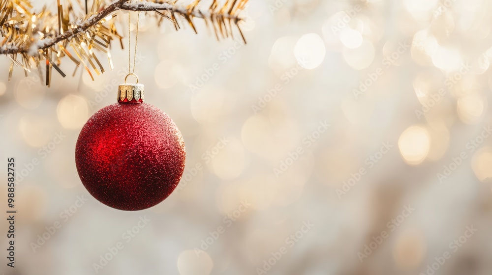 Christmas tree branch with red bauble and golden shimmering background. Festive holiday decoration. Christmas tree branch with red bauble and golden shimmering background. Festive holiday decoration.