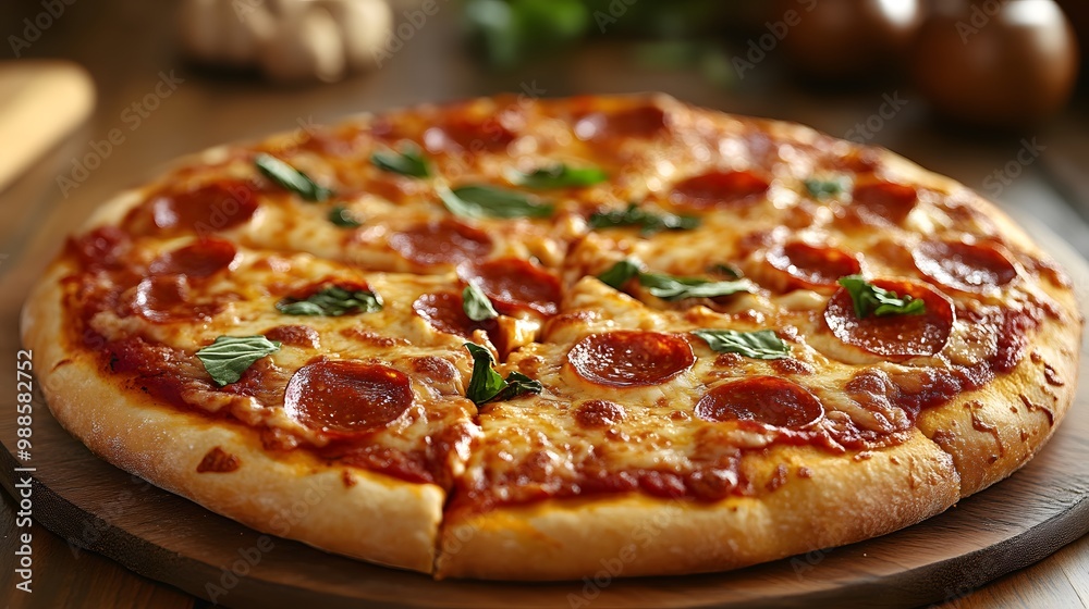Close-up of Pepperoni Pizza with Basil on Wooden Board. Close-up of Pepperoni Pizza with Basil on Wooden Board.