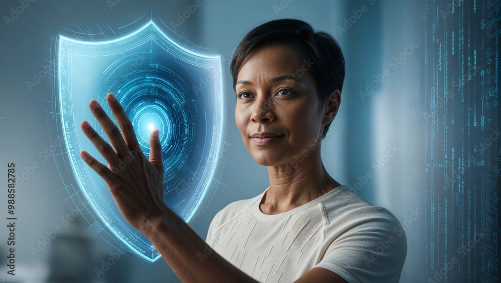 woman touching hologram graphic woman touching hologram graphic