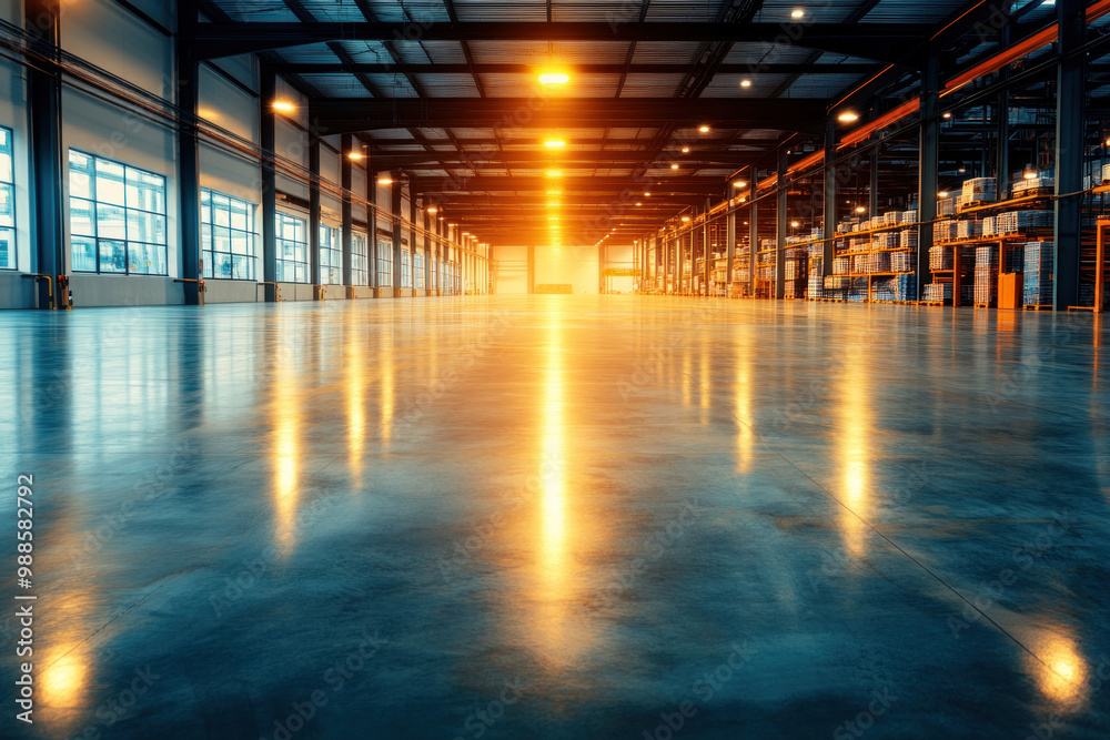 A modern warehouse storing advanced technology gadgets, automated systems and drones organizing inventory, clean and sleek atmosphere A modern warehouse storing advanced technology gadgets, automated systems and drones organizing inventory, clean and sleek atmosphere
