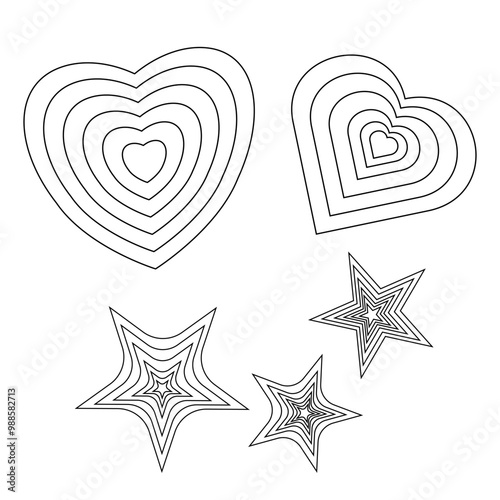 Outline of hearts and stars for coloring. Ideal for LGBTQ plus themes, self-expression, and mindfulness activities.