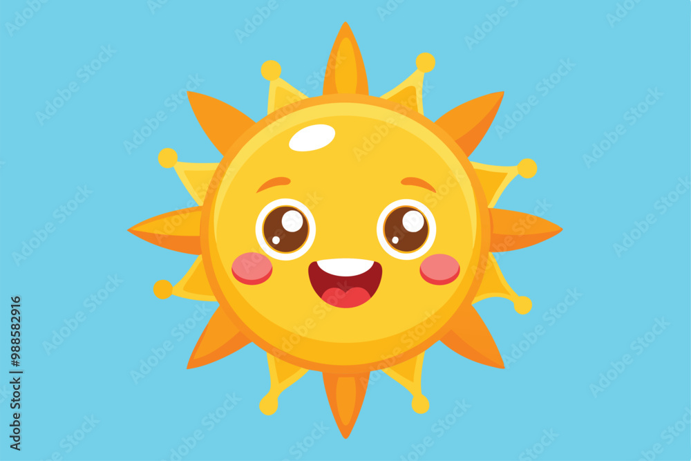 Fototapeta premium A joyful sun character beams with happiness in a vibrant blue background, a cartoon character of a A happy sun