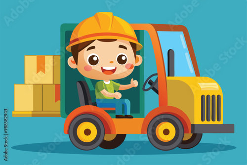 A little boy happily drives a small truck filled with boxes, smiling widely and enjoying his adventure, a cartoon character of a a little boy driving a forklift truck.