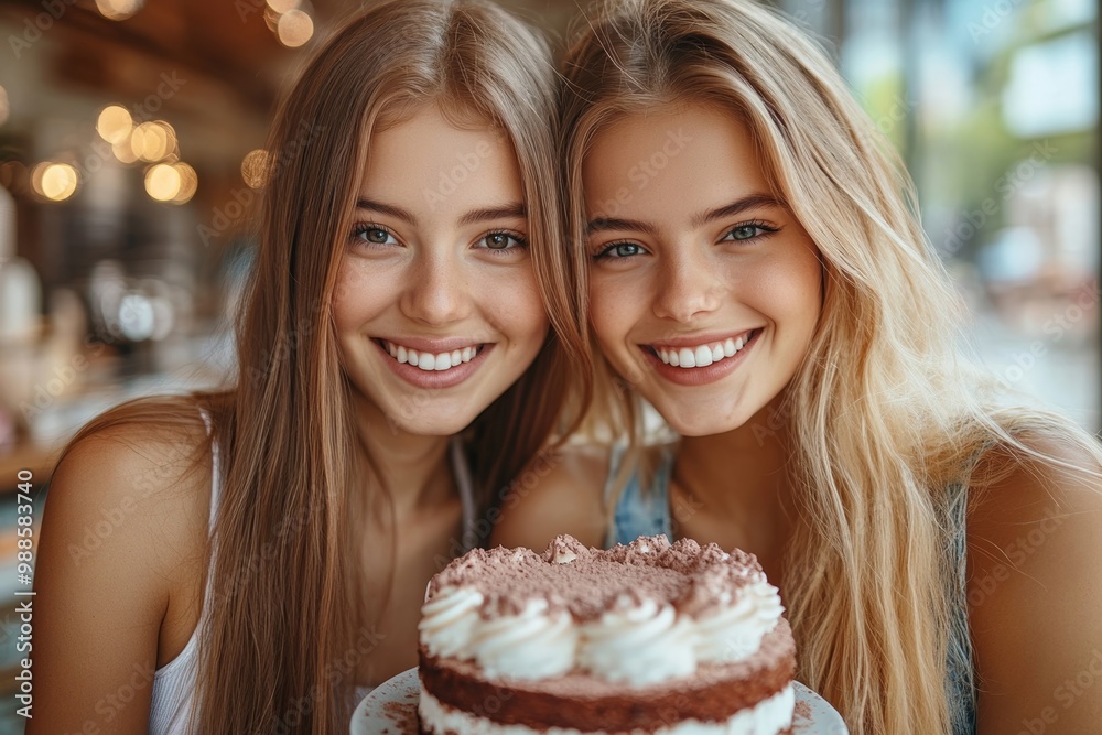 Excited happy pretty girls friends sitting in cafe drinking coffee eat cake, Generative AI Excited happy pretty girls friends sitting in cafe drinking coffee eat cake, Generative AI