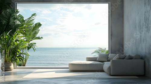 Modern Living Room with Ocean View 3D Illustration