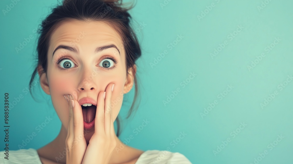 Young woman with an astonished expression, wide eyes, and hands on her face, set against a light teal background. Young woman with an astonished expression, wide eyes, and hands on her face, set against a light teal background.