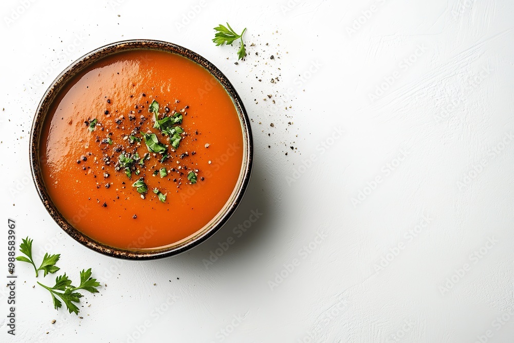 Orange soup in bowl with herbs and spices on white. Orange soup in bowl with herbs and spices on white.