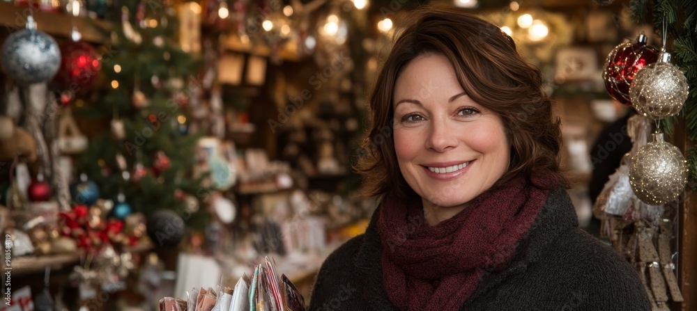 Woman Smiling In Christmas Store. Christmas Shopping, Holiday Decorations, Festive Cheer.