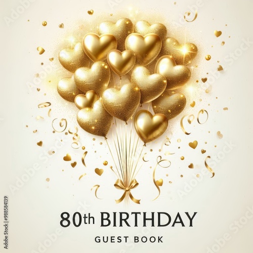 Golden heart-shaped balloons celebrate an elegant 80th birthday guest book. photo