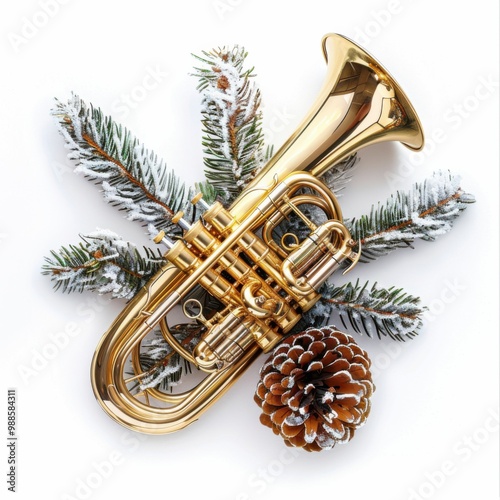 A trumpet is surrounded by pine branches and cones on white background.