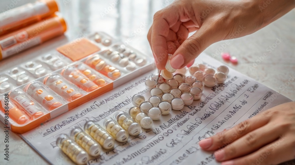 Woman organizing pills on medical prescription, arranging daily dosage Woman organizing pills on medical prescription, arranging daily dosage