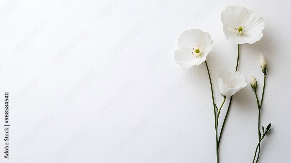 Three White Poppies and Buds on White Background. Three White Poppies and Buds on White Background.