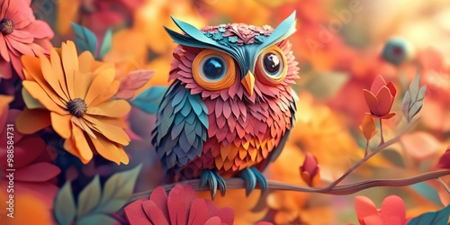 Colorful owl perched on tree branch photo