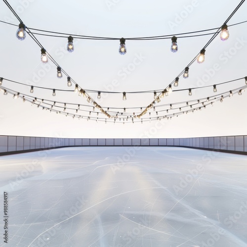 A large ice rink with a lot of lights hanging from the ceiling