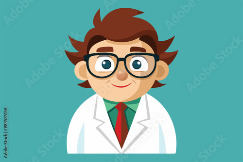 A cheerful cartoon character in glasses and a white coat smiles confidently at the viewer, a cartoon character of a Businessman wearing glasses