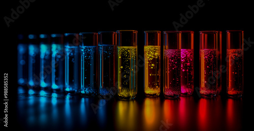 A row of test tubes with colorful, glowing liquid against a black background symbolizes scientific and artistic fusion. photo