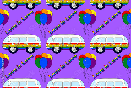 Embark on a vibrant journey with this colorful rainbow van adorned with balloons and flowers, ideal for pride celebrations.