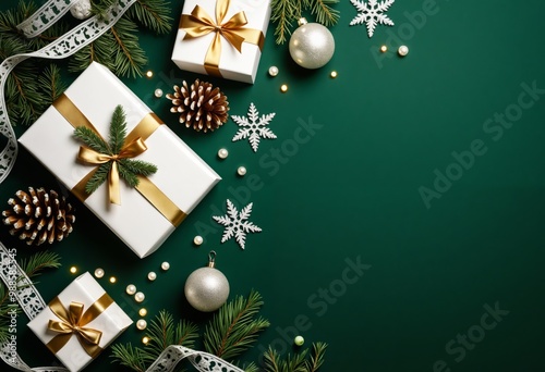 christmas gifts on green background with copy space