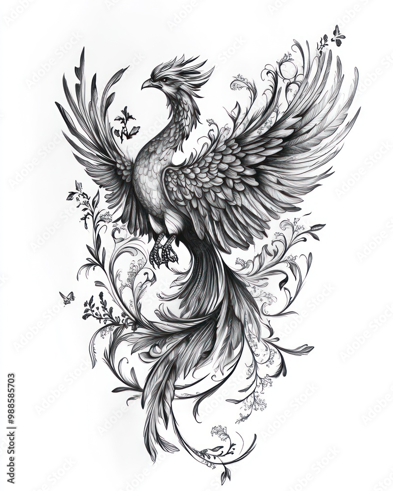 Detailed line drawing of a phoenix rising from intricate floral patterns, symbolizing rebirth and hope. Detailed line drawing of a phoenix rising from intricate floral patterns, symbolizing rebirth and hope.