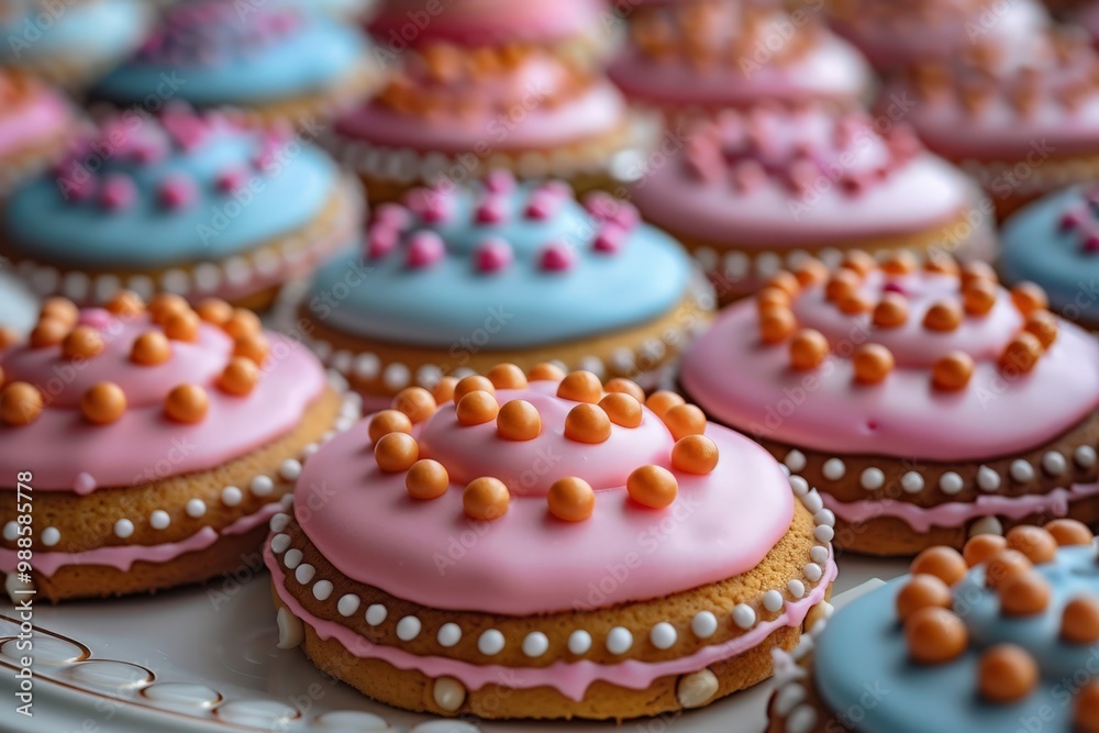 Decorative cookies with pastel icing and sprinkles, arranged on a tray for a festive celebration, perfect for holiday parties or bakery promotions. Decorative cookies with pastel icing and sprinkles, arranged on a tray for a festive celebration, perfect for holiday parties or bakery promotions.