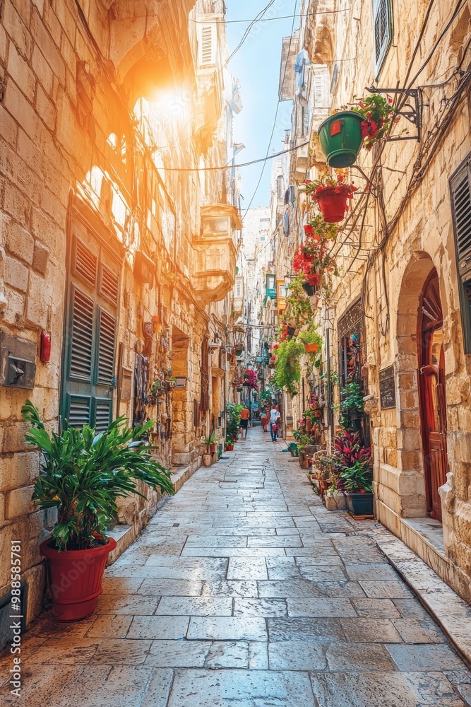 Fototapeta premium Narrow Stone Street with Plants and Shutters, European Town Architecture in Daytime Sun