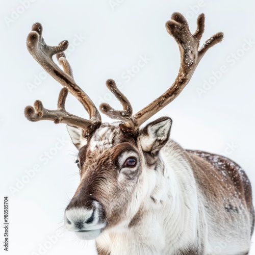 A reindeer with antlers stands in front of a white background.