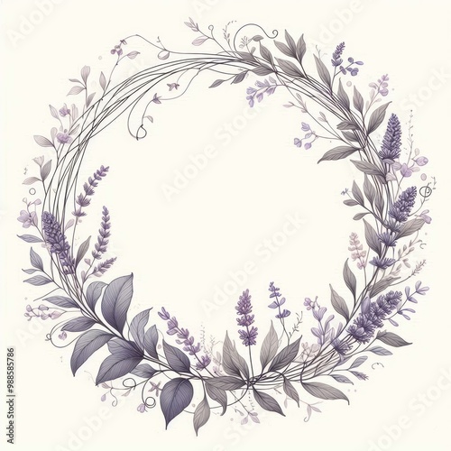 Wallpaper Mural Elegant floral wreath with delicate purple flowers and green leaves on a soft background. Torontodigital.ca