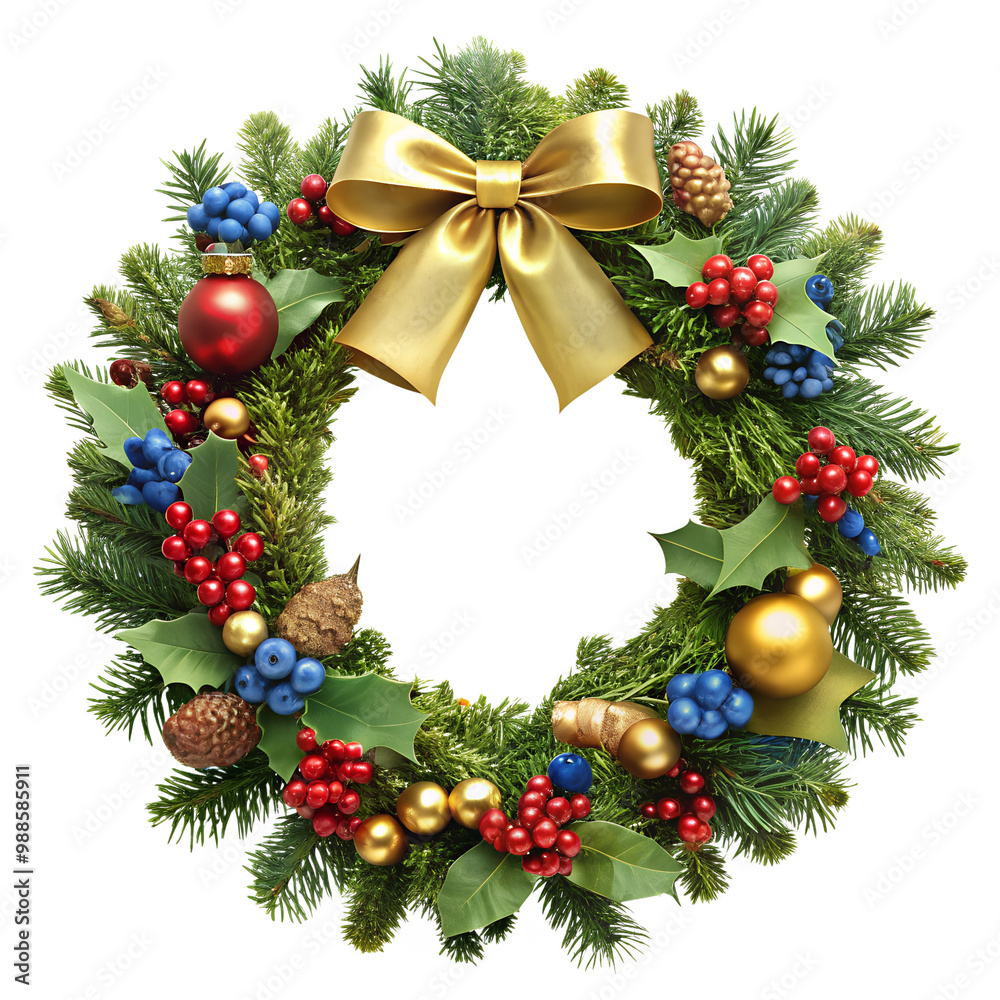 Festive Christmas Wreath with Golden Bells, Holly, Red Berries, and Evergreen Sprigs, Featuring a Large Blank White Center, Blue Bows, and Elegant Holiday Colors of Gold, Green, Red, and White Festive Christmas Wreath with Golden Bells, Holly, Red Berries, and Evergreen Sprigs, Featuring a Large Blank White Center, Blue Bows, and Elegant Holiday Colors of Gold, Green, Red, and White