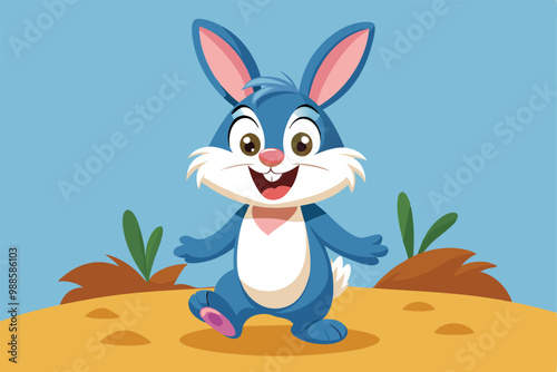 A charming blue rabbit joyfully stands in a sunny meadow with greenery around, a cartoon character of a Charming rabbit cartoon