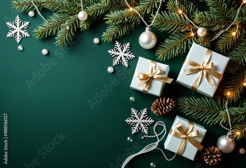 christmas gifts on green background with fir branches and snowflakes