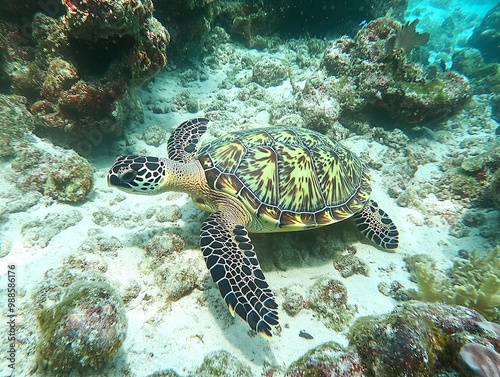 Colorful Sea Turtle Swimming in Coral Reef