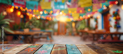 Empty table with Mexican fiesta background out of focus.