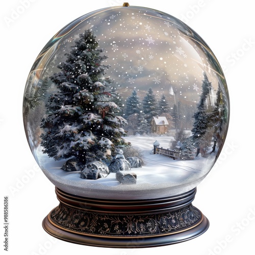 A Christmas snow globe with a houses and trees.