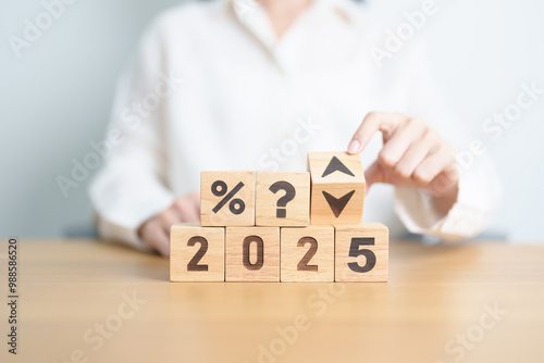 2024 to 2025 New year with questions mark and percentage icon. Interest rate, GDP, stocks market, financial, deflation and Inflation, mortgage, debt, Loan and Economic Recession